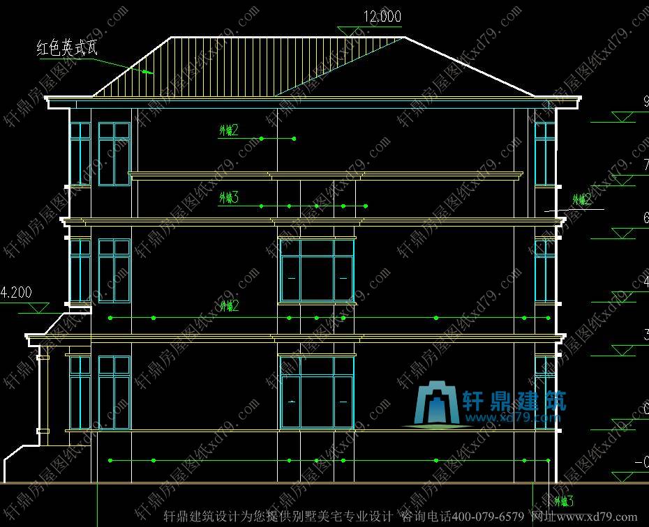 12X12.3米实用三层别墅设计图_复式客厅自建房设计图