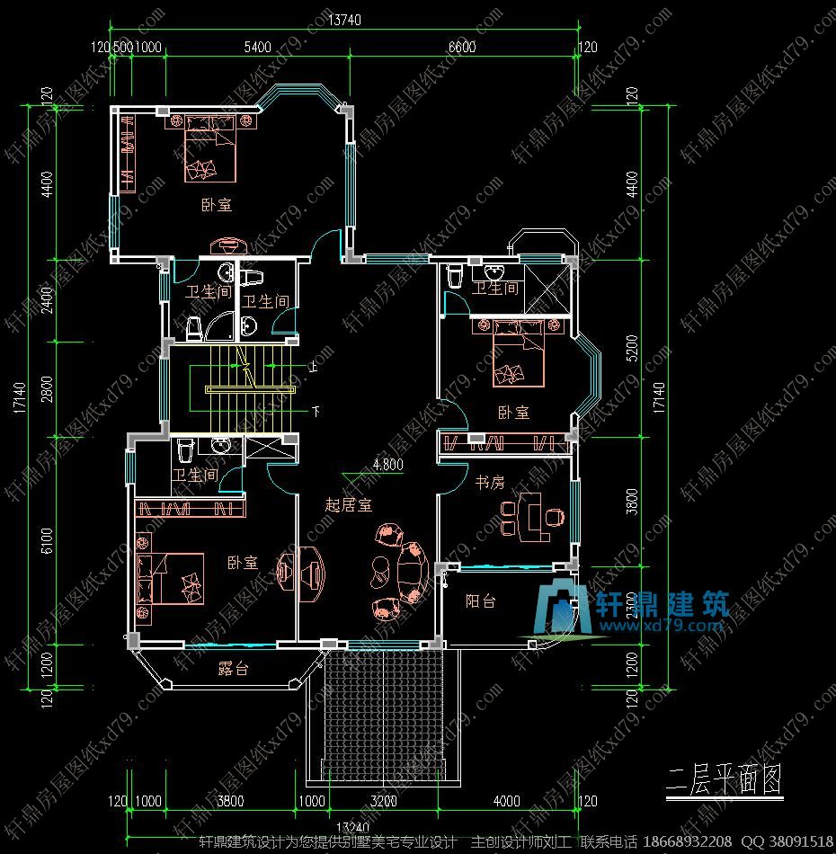 三层豪华复式别墅设计施工图纸_二层平面图