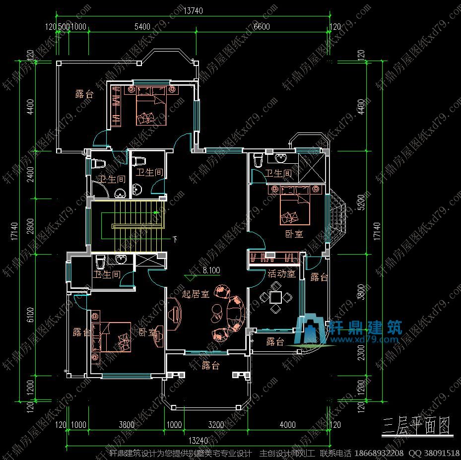 三层豪华复式别墅设计施工图纸_三层平面图