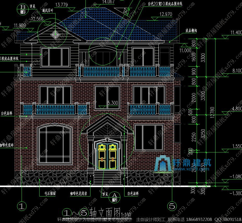 三层豪华复式别墅设计施工图纸_正面外形图