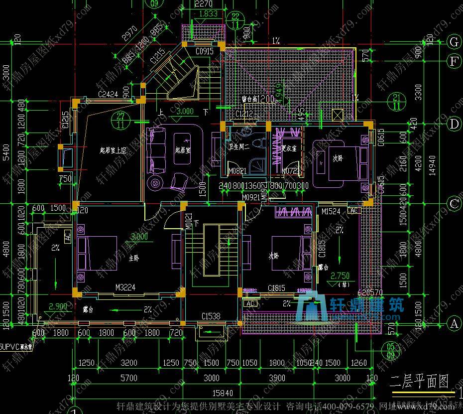 15.8x14.9豪华三层带地下室别墅设计图_豪华山庄别墅设计图_法式古典别墅设计_二层平面图
