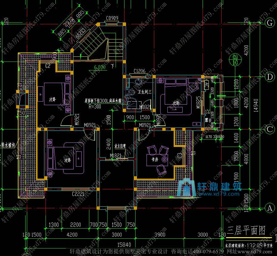 15.8x14.9豪华三层带地下室别墅设计图_豪华山庄别墅设计图_法式古典别墅设计_三层平面图