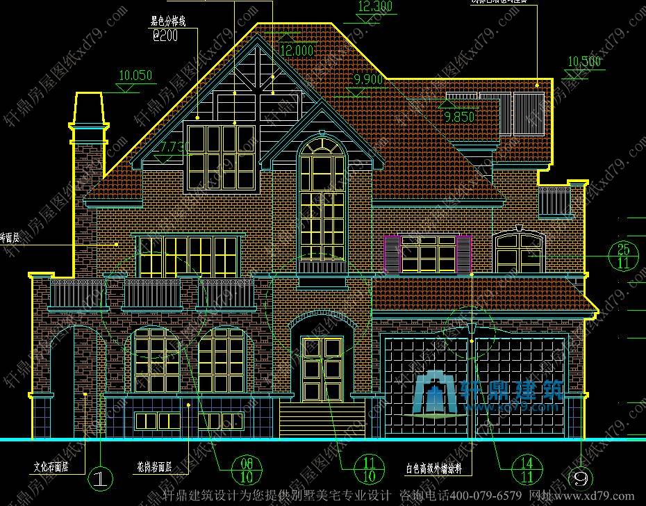 15.8x14.9豪华三层带地下室别墅设计图_豪华山庄别墅设计图_法式古典别墅设计_正立面图