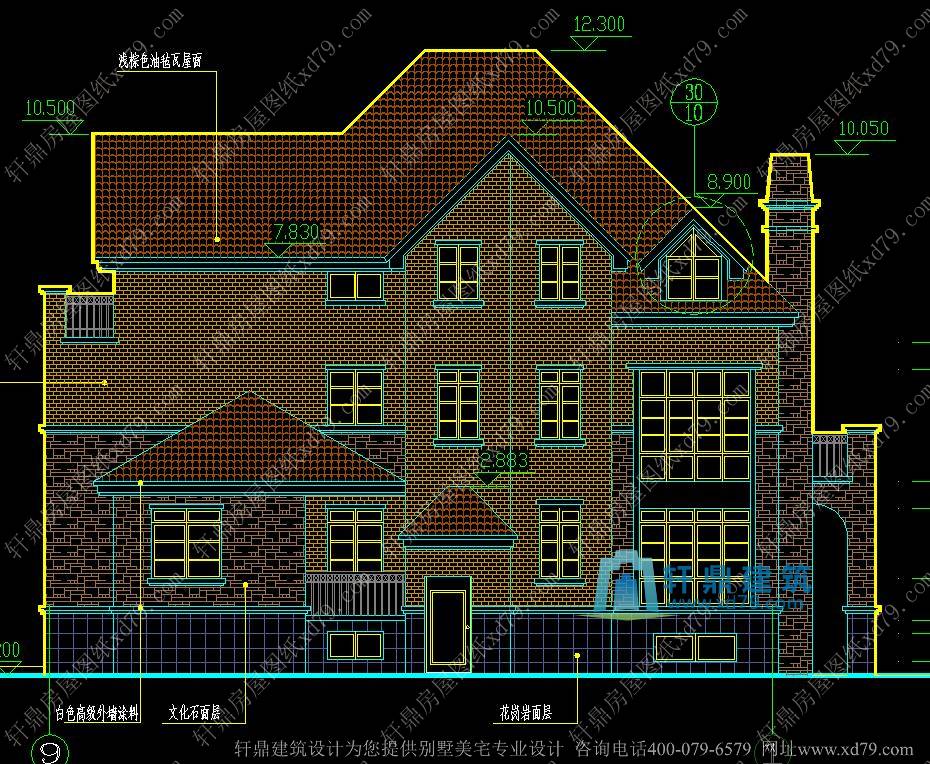 15.8x14.9豪华三层带地下室别墅设计图_豪华山庄别墅设计图_法式古典别墅设计_背立面图