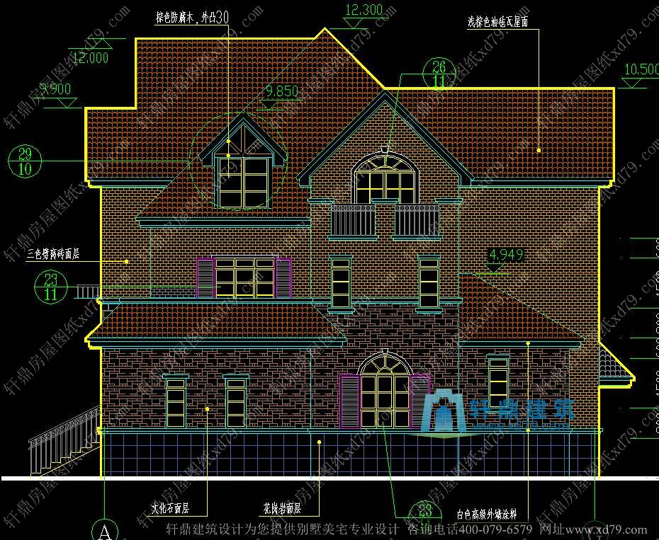 15.8x14.9豪华三层带地下室别墅设计图_豪华山庄别墅设计图_法式古典别墅设计_右侧立面图