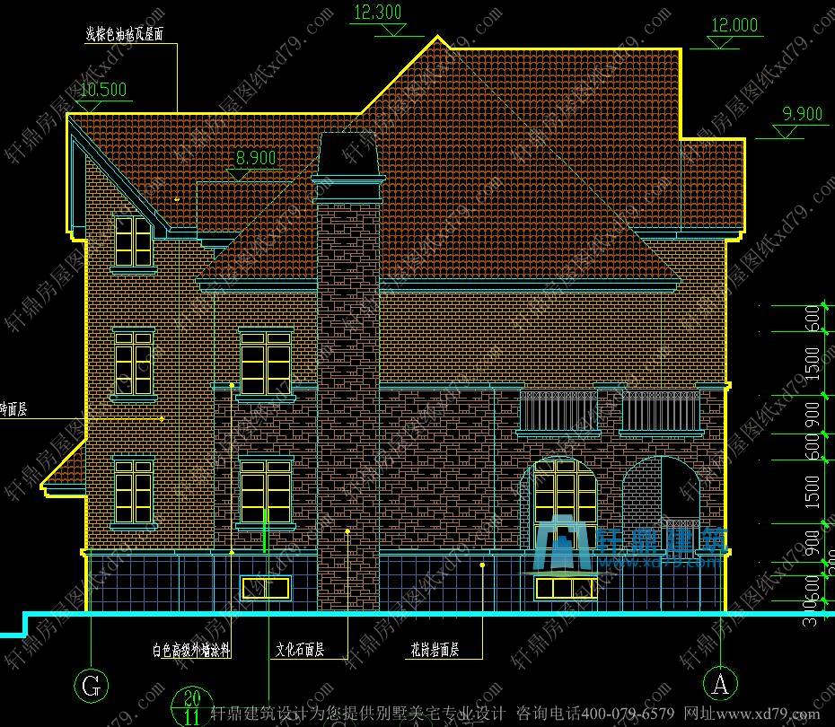 15.8x14.9豪华三层带地下室别墅设计图_豪华山庄别墅设计图_法式古典别墅设计_左侧立面图