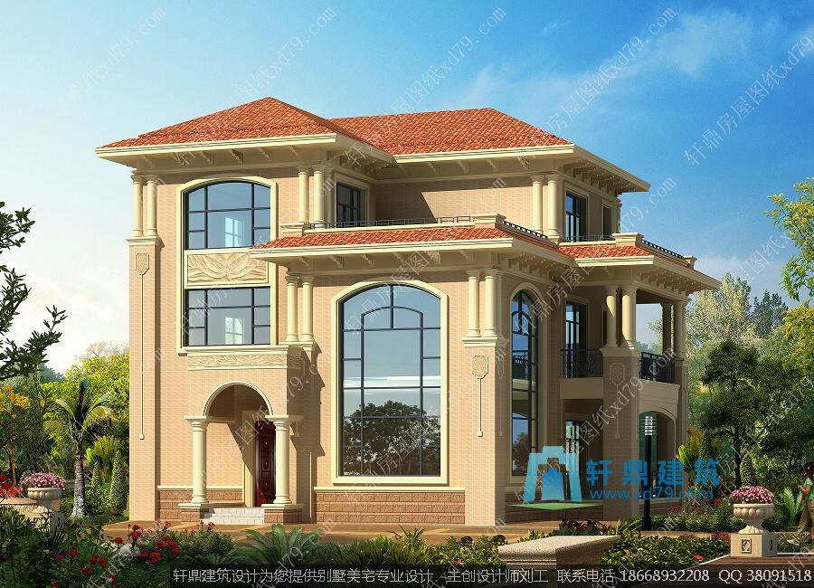 复式三层欧式别墅施工图纸_效果图