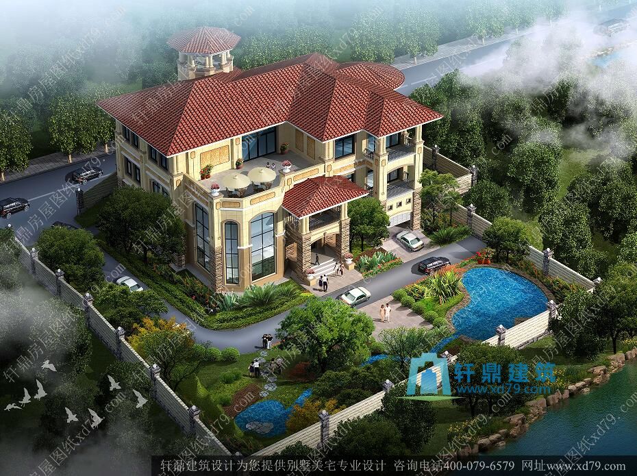 22.3x16.9超豪华三层带地下室别墅施工图_复式客厅带装修效果图自建别墅设计图_别墅效果图