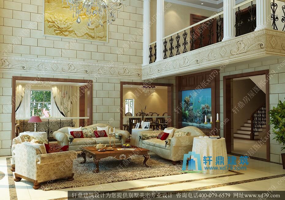 22.3x16.9超豪华三层带地下室别墅施工图_复式客厅带装修效果图自建别墅设计图_客厅装修效果图