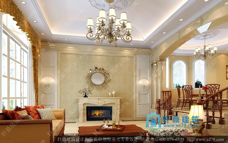 22.3x16.9超豪华三层带地下室别墅施工图_复式客厅带装修效果图自建别墅设计图_起居室装修效果图