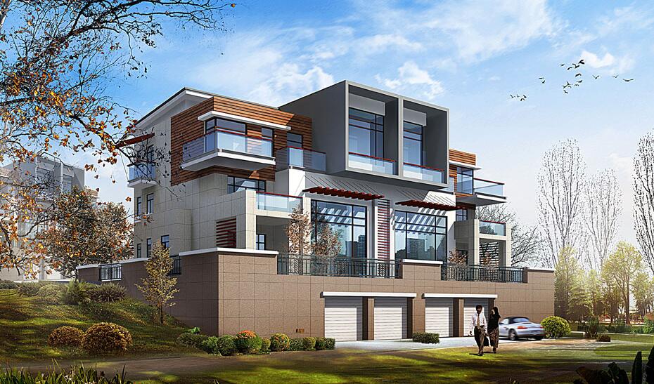 12x12.8米三层带地下室双拼现代别墅设计图_三层北美时尚简洁双拼别墅带地下室、双车库房屋建筑施工图效果图