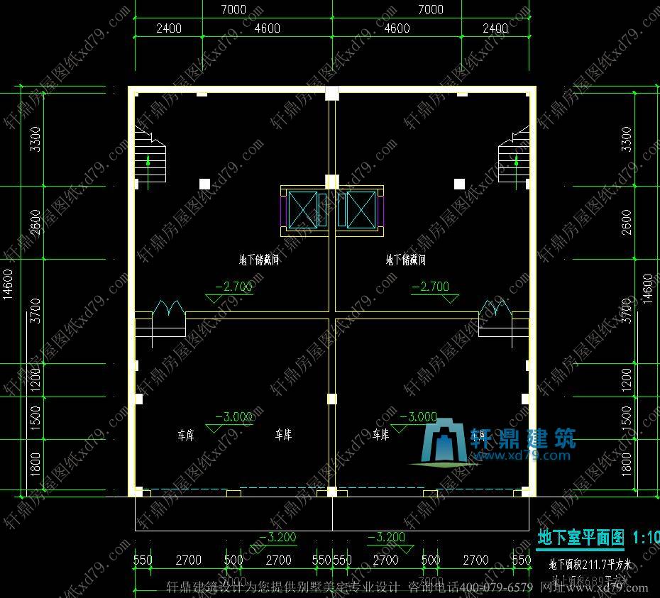 12x12.8米三层带地下室双拼现代别墅设计图_三层北美时尚简洁双拼别墅带地下室、双车库房屋建筑施工图效果图_一层户型图