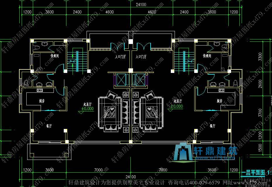 12x12.8米三层带地下室双拼现代别墅设计图_三层北美时尚简洁双拼别墅带地下室、双车库房屋建筑施工图效果图_一层户型图