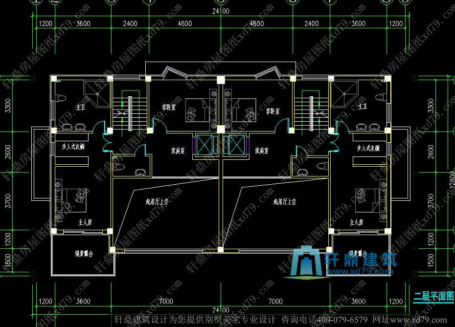 12x12.8米三层带地下室双拼现代别墅设计图_三层北美时尚简洁双拼别墅带地下室、双车库房屋建筑施工图效果图_二层户型平面图