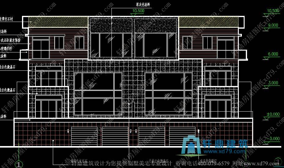 12x12.8米三层带地下室双拼现代别墅设计图_三层北美时尚简洁双拼别墅带地下室、双车库房屋建筑施工图效果图_别墅正立面图