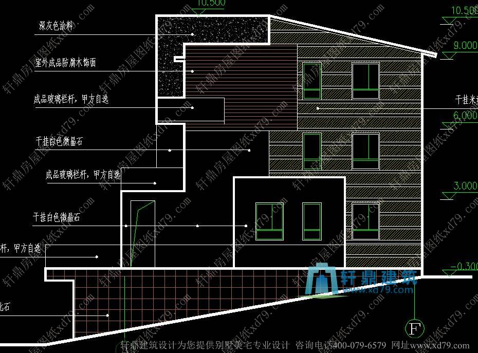 12x12.8米三层带地下室双拼现代别墅设计图_三层北美时尚简洁双拼别墅带地下室、双车库房屋建筑施工图效果图_别墅右侧面图